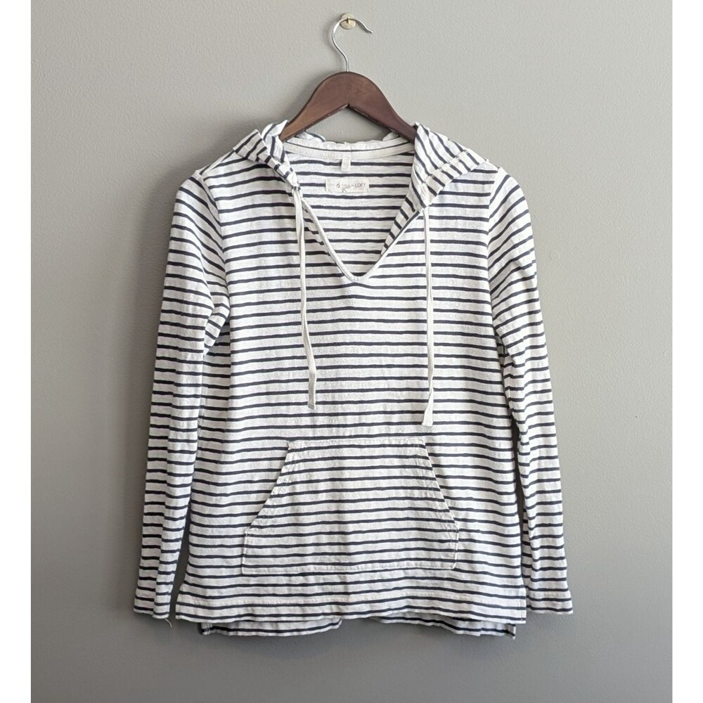 Lou & Grey Loft XS Striped Hoodie Blue White Lightweight Pullover Long Sleeve LS
